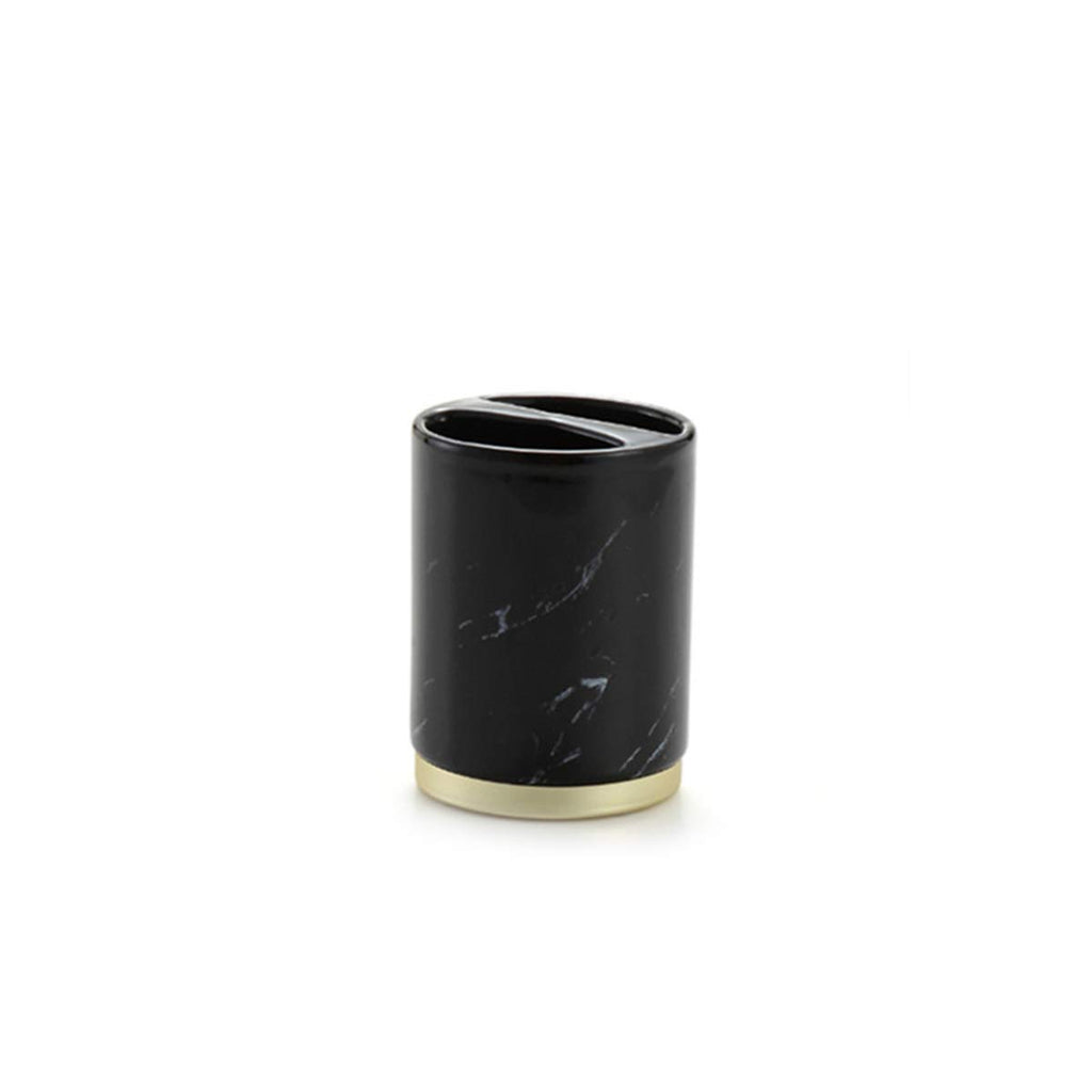 HARRA HOME Gold Accent Marble Design Ceramic Bathroom Vanity Countertop Accessory Set - Includes Refillable Soap Dispenser, Soap Dish, Toothbrush Holder Stand, Tumbler Rinsing Cup (Black)