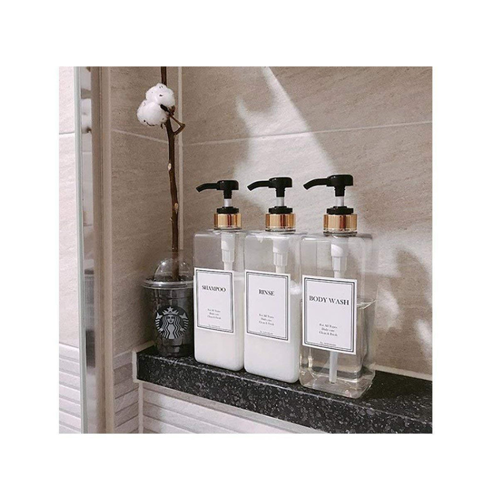 HARRA HOME Modern Gold Design Pump Clear Bottle Set 27 Oz Refillable Shampoo Conditioner Dispenser Empty Shower Plastic Bottles Pump Bathroom Lotion Body Wash Massage Oils, Pack Of 3 (Black)