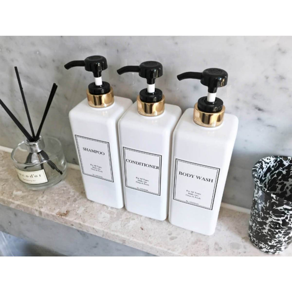 HARRA HOME Modern Gold Design Shower Dispenser Sets, 27 Oz Refillable Bottles With Pumps, Pack Of 3