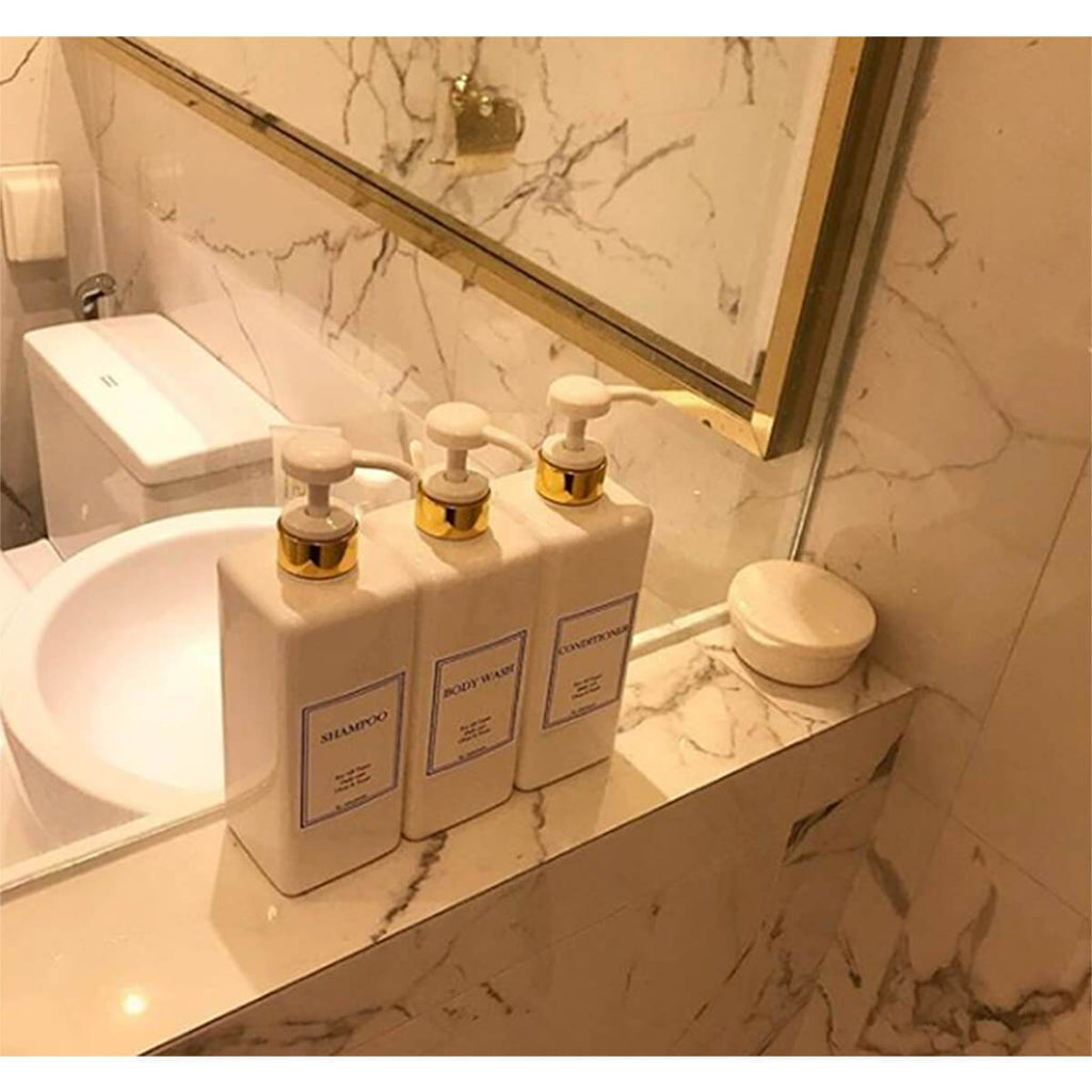 HARRA HOME Modern Gold Design Shower Dispenser Sets, 27 Oz Refillable Bottles With Pumps, Pack Of 3