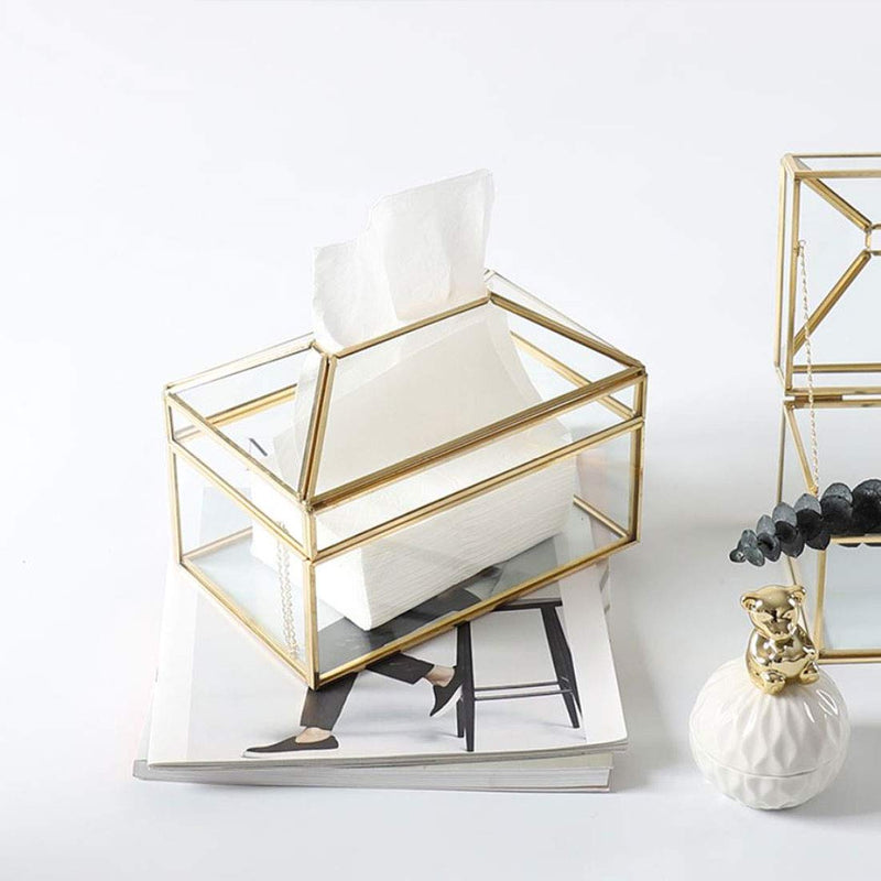 HARRA HOME Gold & Modern Clear Rectangle Facial Tissue Box Cover Dispenser Toilet Napkin Organizer Tissues Holder for Bathroom Vanity Counter Tops, Bedroom Dressers, Night Stands, Desks, Table