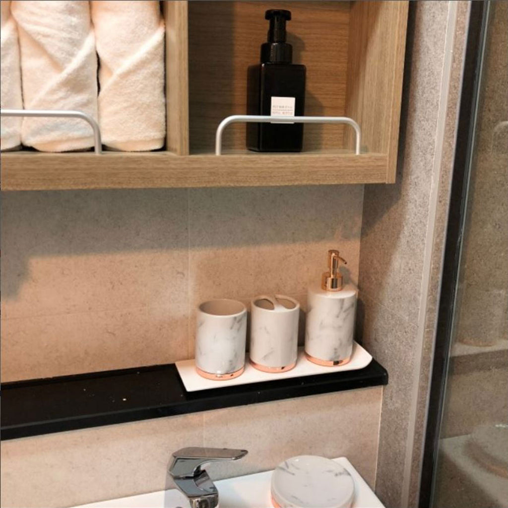 HARRA HOME Gold Accent White Marble Decorative Ceramic Bathroom Vanity Countertop Accessories Set - Includes Dispenser Pump, Toothbrush Stand, Makeup Holder, Tumbler Rinsing Cup, Soap Tray