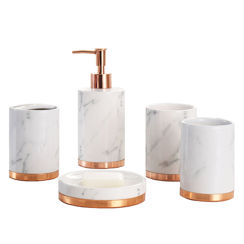 HARRA HOME Gold Accent White Marble Decorative Ceramic Bathroom Vanity Countertop Accessories Set - Includes Dispenser Pump, Toothbrush Stand, Makeup Holder, Tumbler Rinsing Cup, Soap Tray