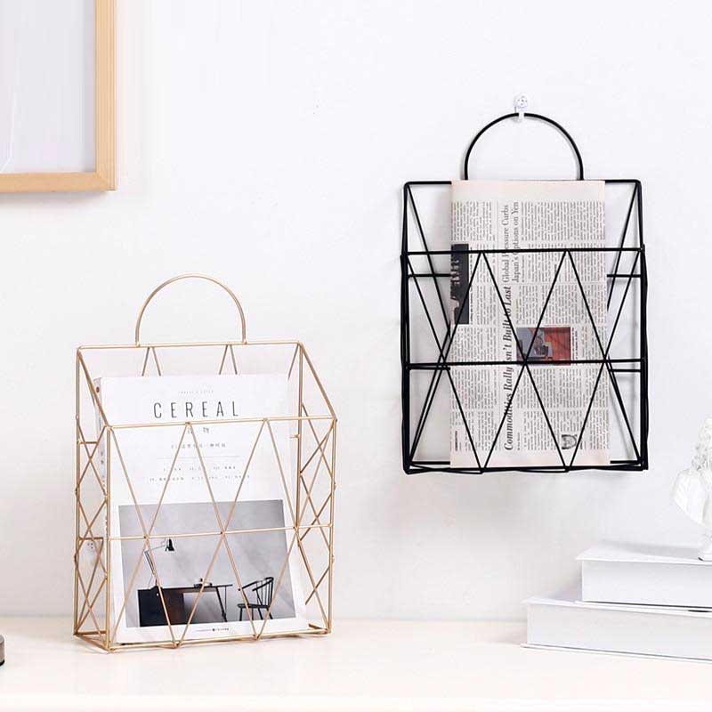 Nordic Metal Gold Magazine rack & Newspaper stand, Wall Hanging Elegant Storage Basket Organizer